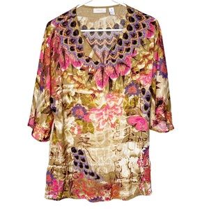 Chico’s V-Neck Long Sleeve Shirt Peacock Floral Pattern Women’s Size 1 S…